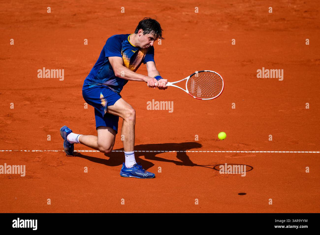 Munich, Germany. 17th Apr, 2025. Tennis: ATP Tour - Munich, Singles, Men, Round of 16. Cerundolo (Argentina) - Shevchenko (Kazakhstan). Alexander Shevchenko in action. Credit: Tom Weller/dpa/Alamy Live News Stock Photo