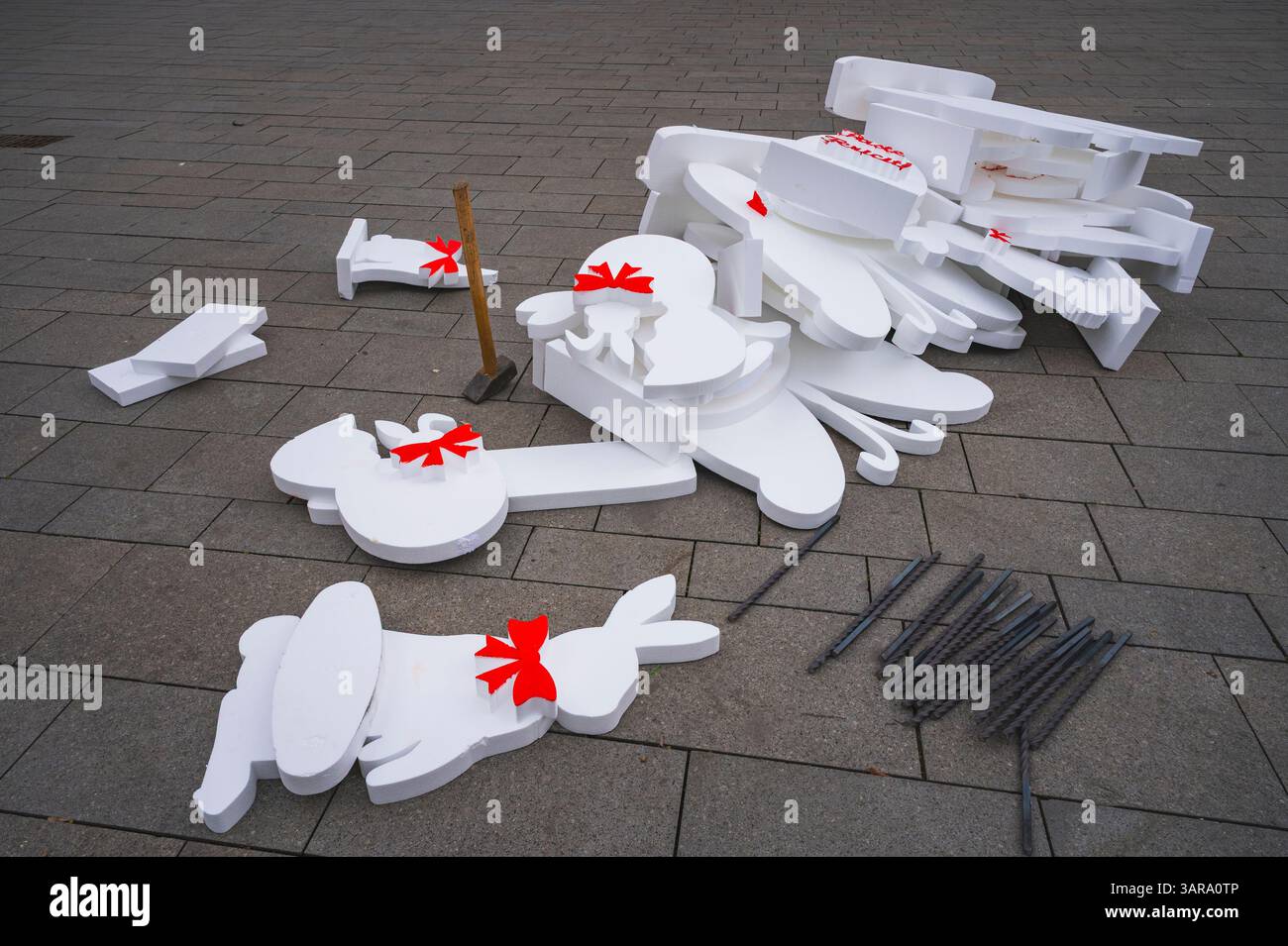 pile of polystyrene Easter decorations, bunny Easter eggs, ready-to-assemble subassemblies Stock Photo