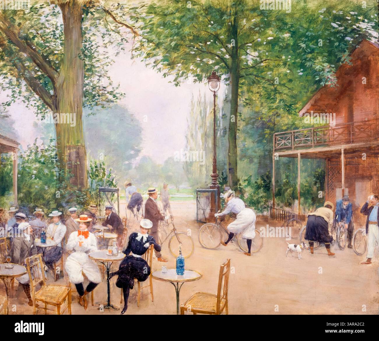 Jean Beraud, Le Chalet du Cycle au bois de Boulogne, (Paris), (The Cycle Chalet in the Bois de Boulogne), painting in oil on panel, circa 1900 Stock Photo