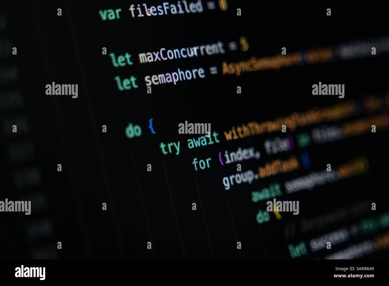 Highlighted Swift code on a dark screen displaying asynchronous functions and concurrency setup with variables, loops, and error handling for managing Stock Photo