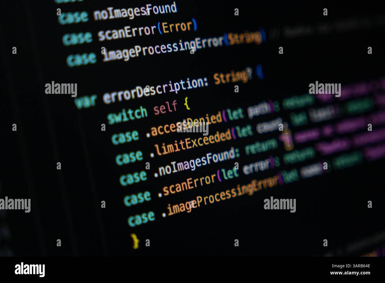 Swift programming code on a dark screen displaying enum cases and switch statement logic used for structured error handling and returning descriptions Stock Photo
