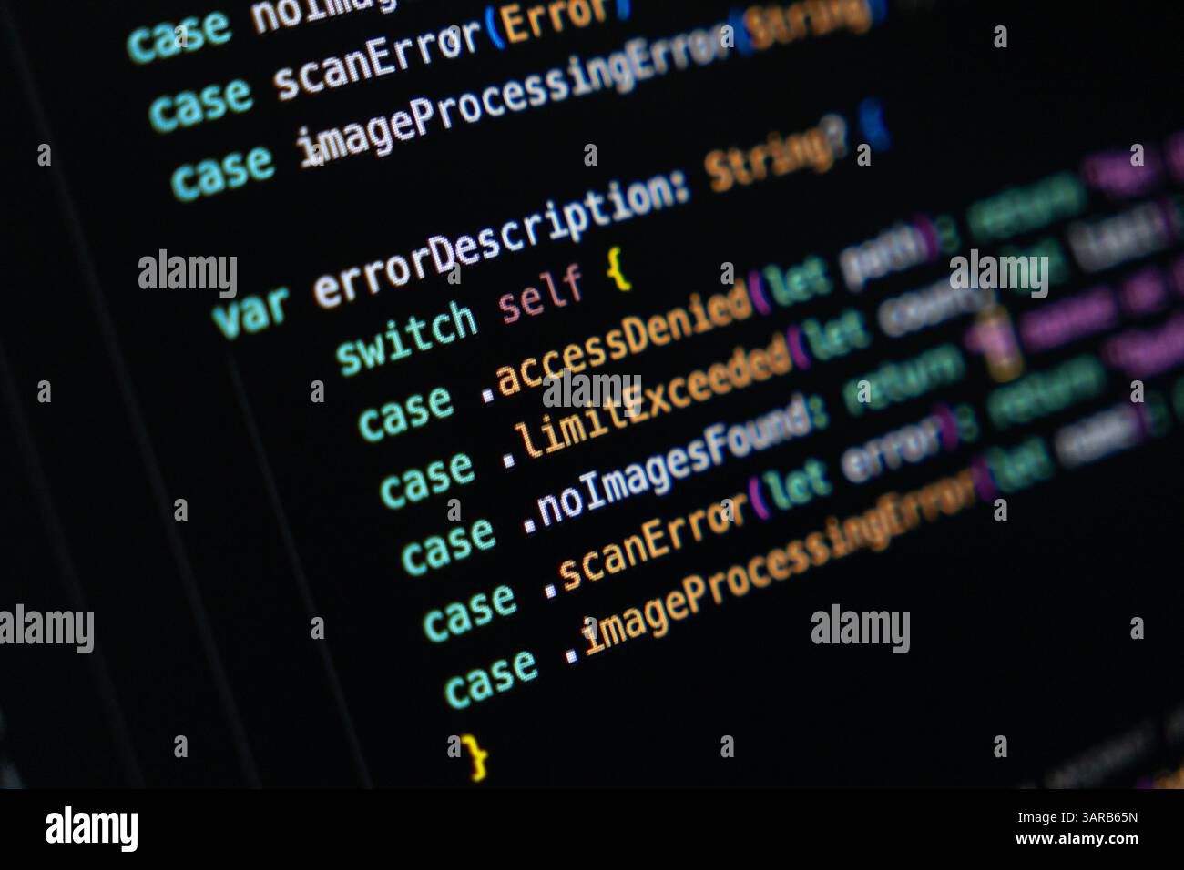 Close-up of Swift programming code on a dark screen highlighting enum-based error handling logic using switch cases and returning descriptions for dif Stock Photo