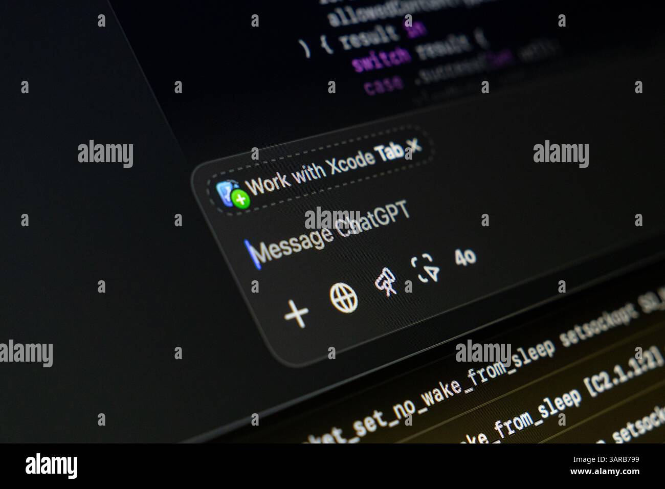 Poznan, Poland - April 14, 2025: Xcode development environment showing ChatGPT plugin integration with active messaging panel and visible Swift code, Stock Photo