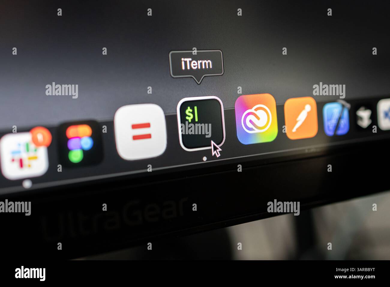 Poznan, Poland – April 14, 2025: Close-up of iTerm app icon in the macOS dock, used by developers for advanced terminal commands, scripting, and autom Stock Photo
