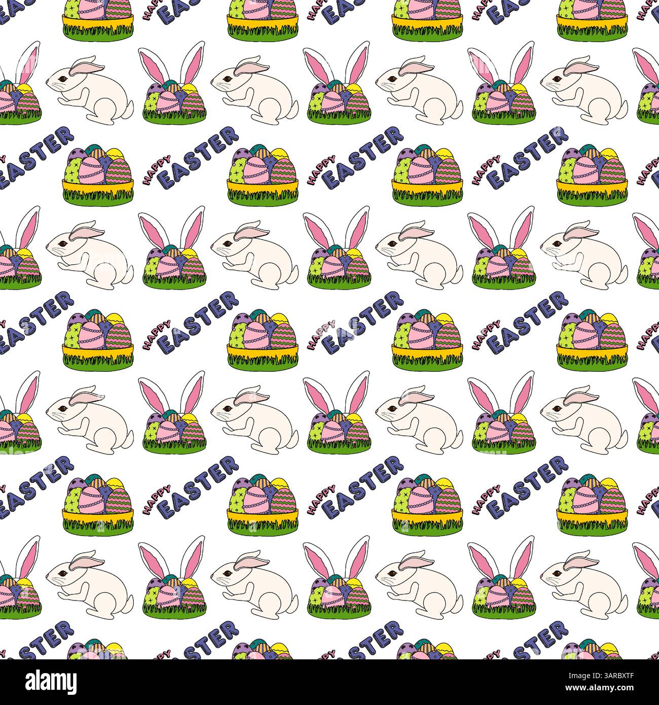 Seamless pattern featuring white rabbits, Easter bunnies ears, ornate eggs in the grass, and - Happy Easter - text on a white background. Cartoon flat Stock Vector