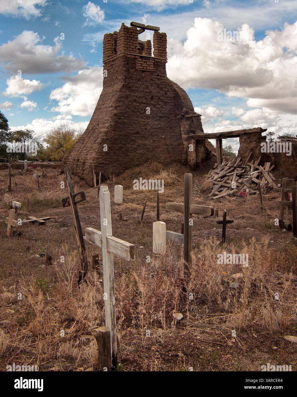 Oct. 21, 2010 - Taos County, New Mexico, US - The ruins of the original San Geronimo (Saint Jerome) churchâ bell tower, built c. 1619 by Spanish priests and Indian labor. Twice destroyed in uprisings (in 1640 and 1847), the church site is now a cemetery and sacred burial ground in honor of those killed during its destruction. The church was later rebuilt in 1850 elsewhere on the Taos Pueblo. St. Jerome is the patron saint of ancient Taos Pueblo. (Credit Image: © Arnold Drapkin/ZUMAPRESS.com) Stock Photo