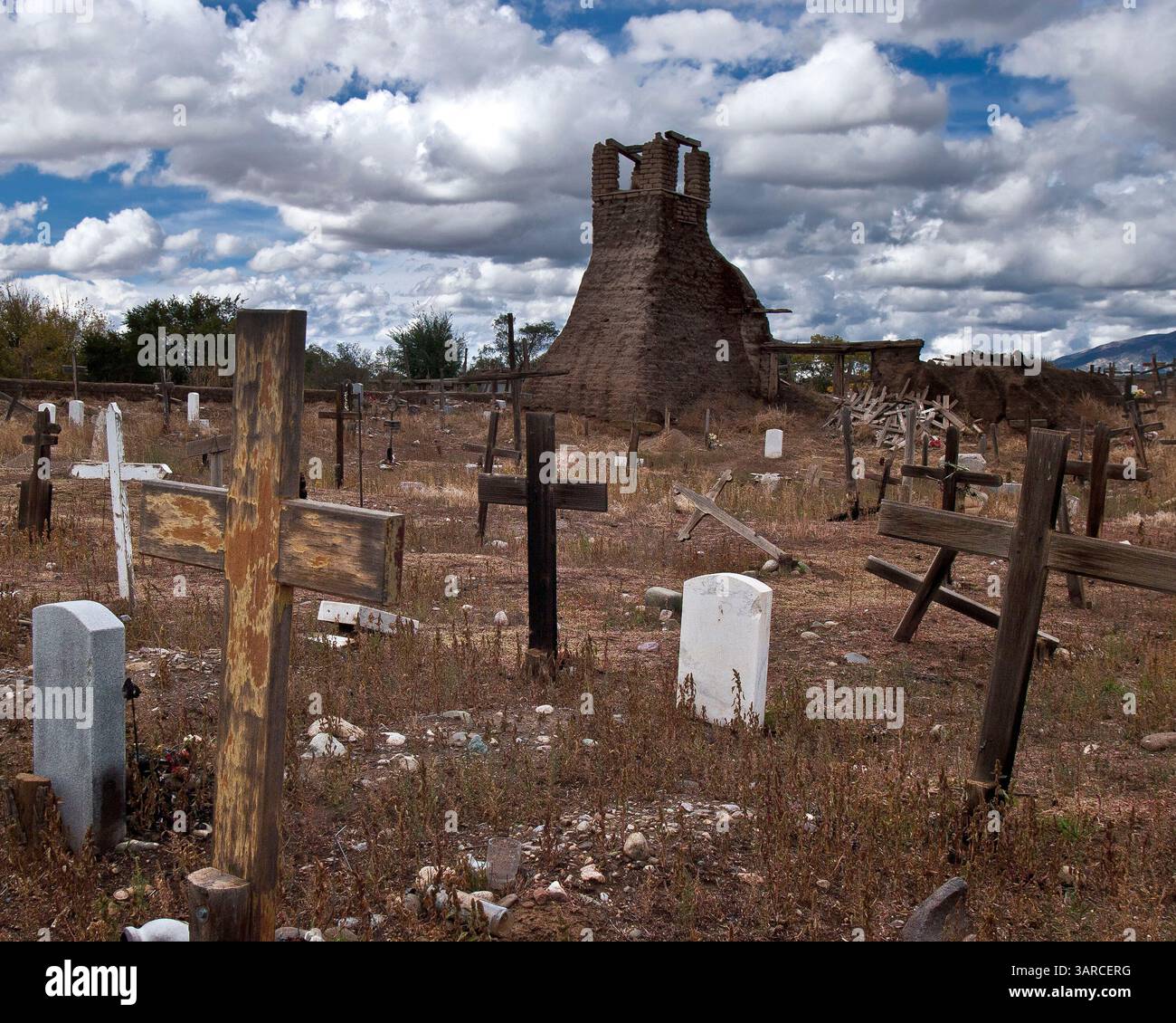 Oct. 21, 2010 - Taos County, New Mexico, US - The ruins of the original San Geronimo (Saint Jerome) churchâ bell tower, built c. 1619 by Spanish priests and Indian labor. Twice destroyed in uprisings (in 1640 and 1847), the church site is now a cemetery and sacred burial ground in honor of those killed during its destruction. The church was later rebuilt in 1850 elsewhere on the Taos Pueblo. St. Jerome is the patron saint of ancient Taos Pueblo. (Credit Image: © Arnold Drapkin/ZUMAPRESS.com) Stock Photo