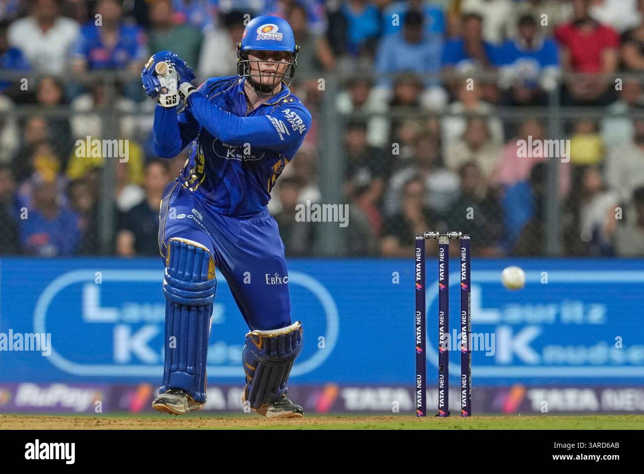 Mumbai Indians' Ryan Rickelton plays a shot during the Indian Premier ...