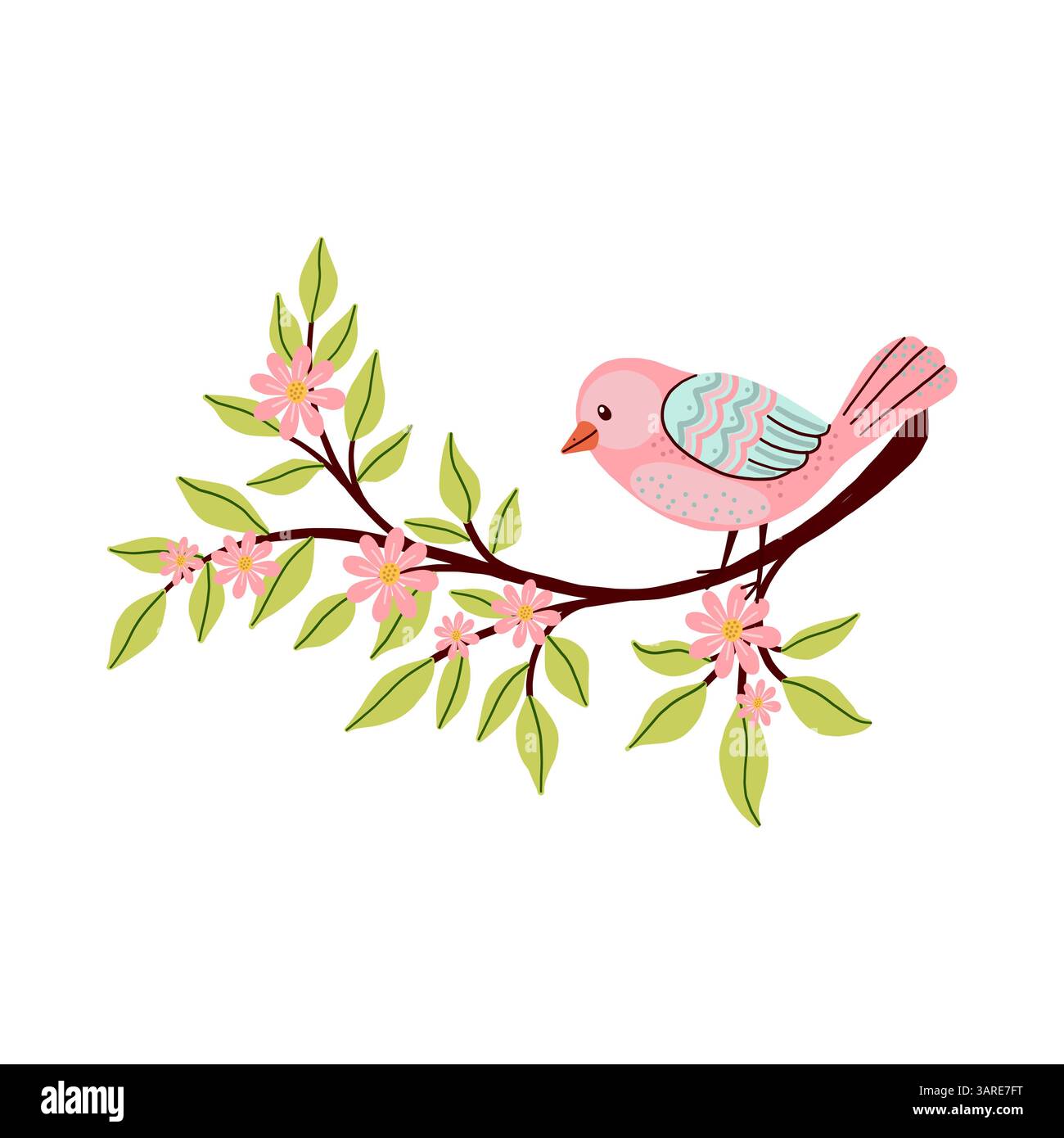 Fantasy Bird Sitting on Flowering Branch Stock Vector