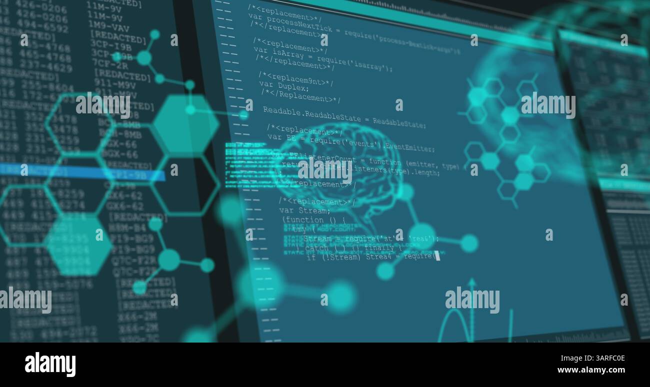 Image of brains over data processing Stock Photo