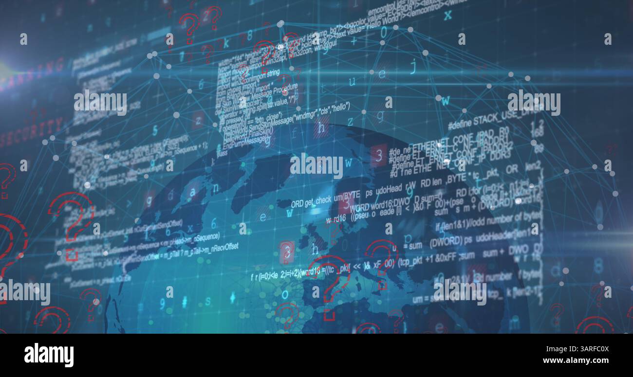 Image of question marks, data processing and malware text over globe Stock Photo