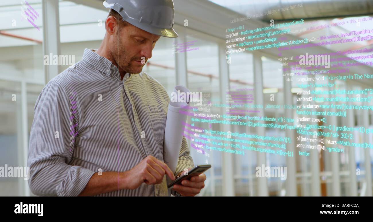 Image of data processing over caucasian male worker using smartphone Stock Photo