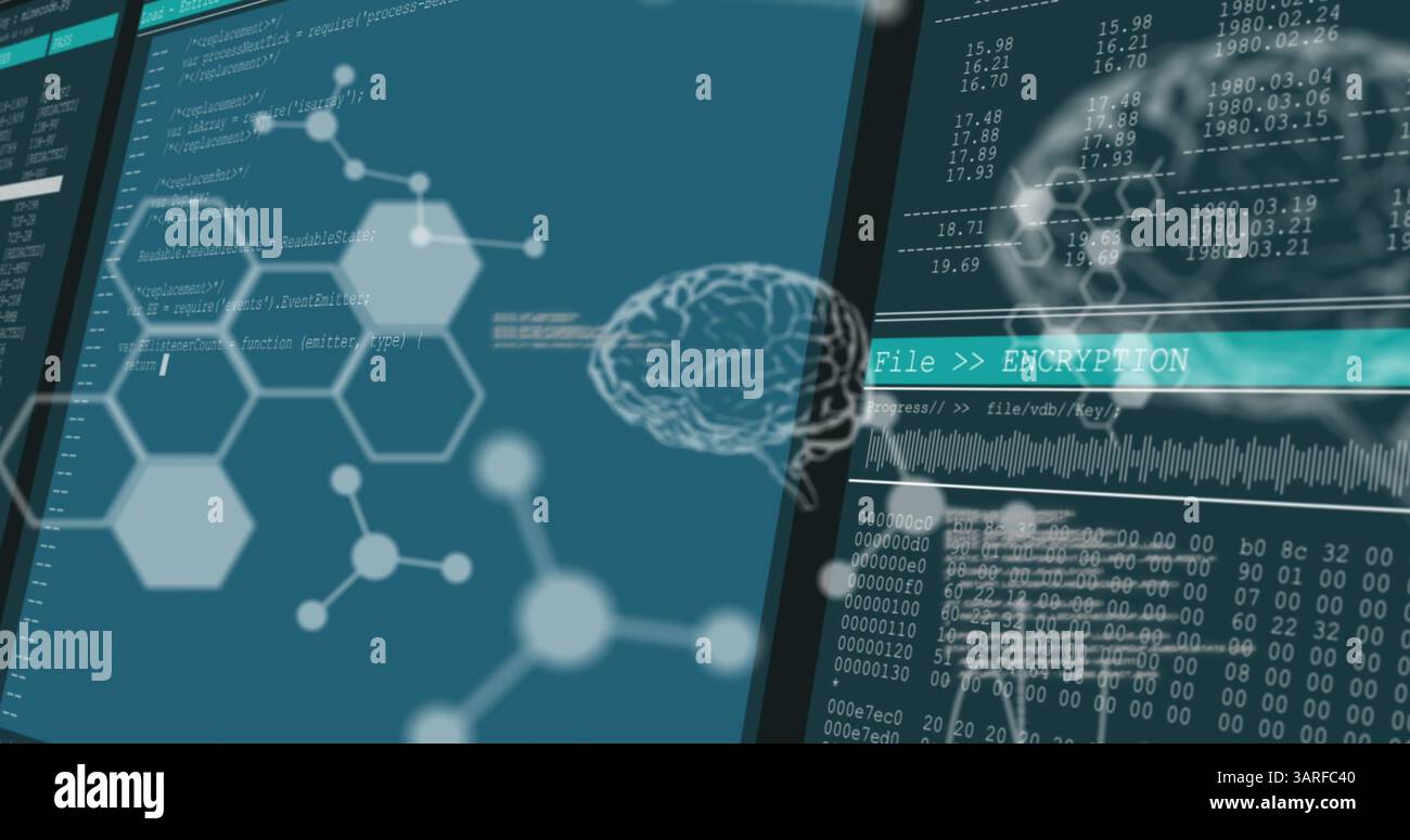 Image of shapes and brains over data processing Stock Photo