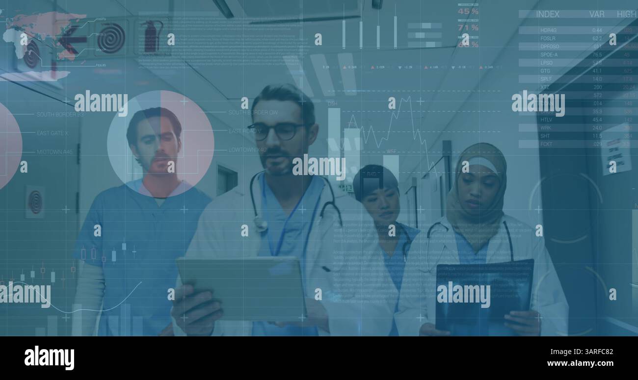 Image of graphs and data over diverse female and male doctors with x ...