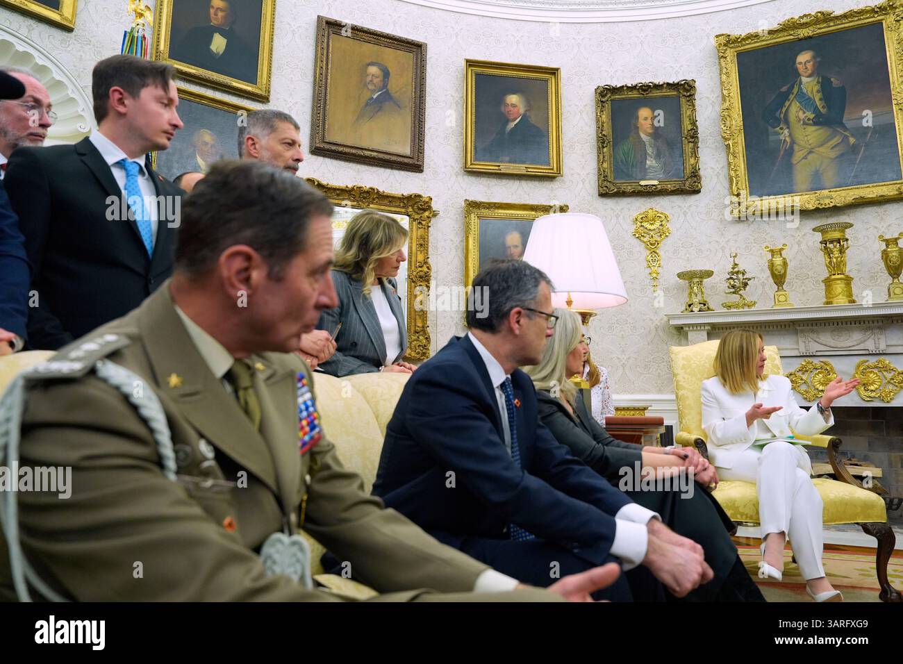 Italy's Prime Minister Giorgia Meloni speaks as she meets with ...