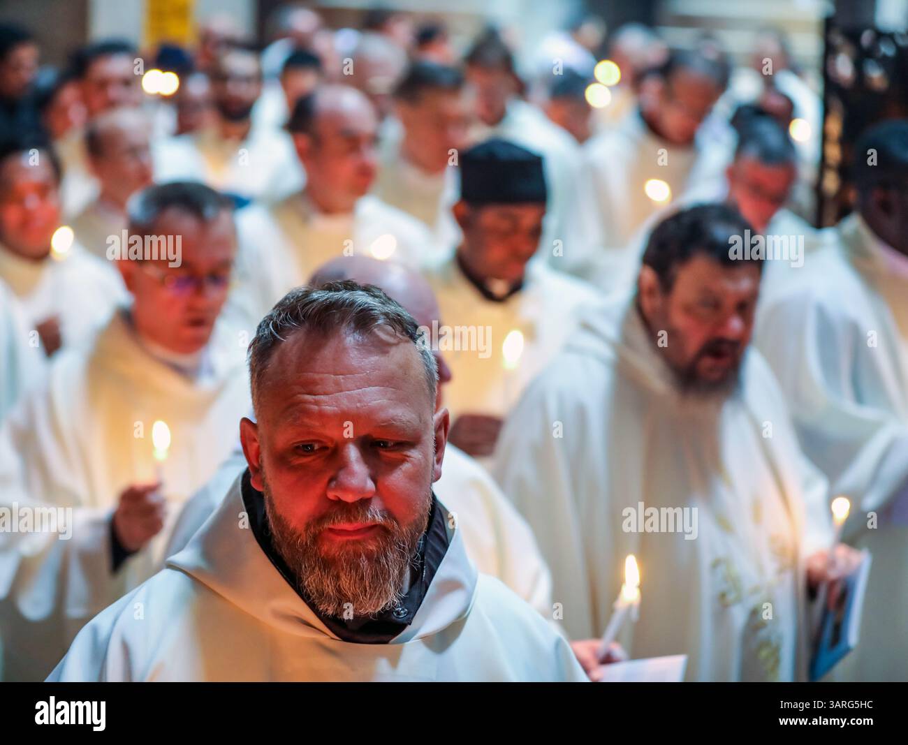 Jerusalem, Israel, 17th April, 2025 Catholic priests dressed in white ...