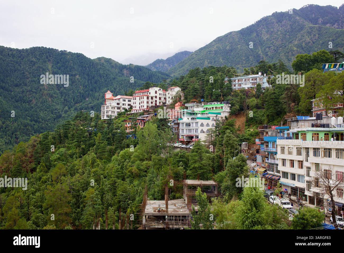 Cluster of multi-storey buildings on steep forested slopes in Dharamshala, Himachal Pradesh, with dense tree cover and mountain backdrop. Stock Photo