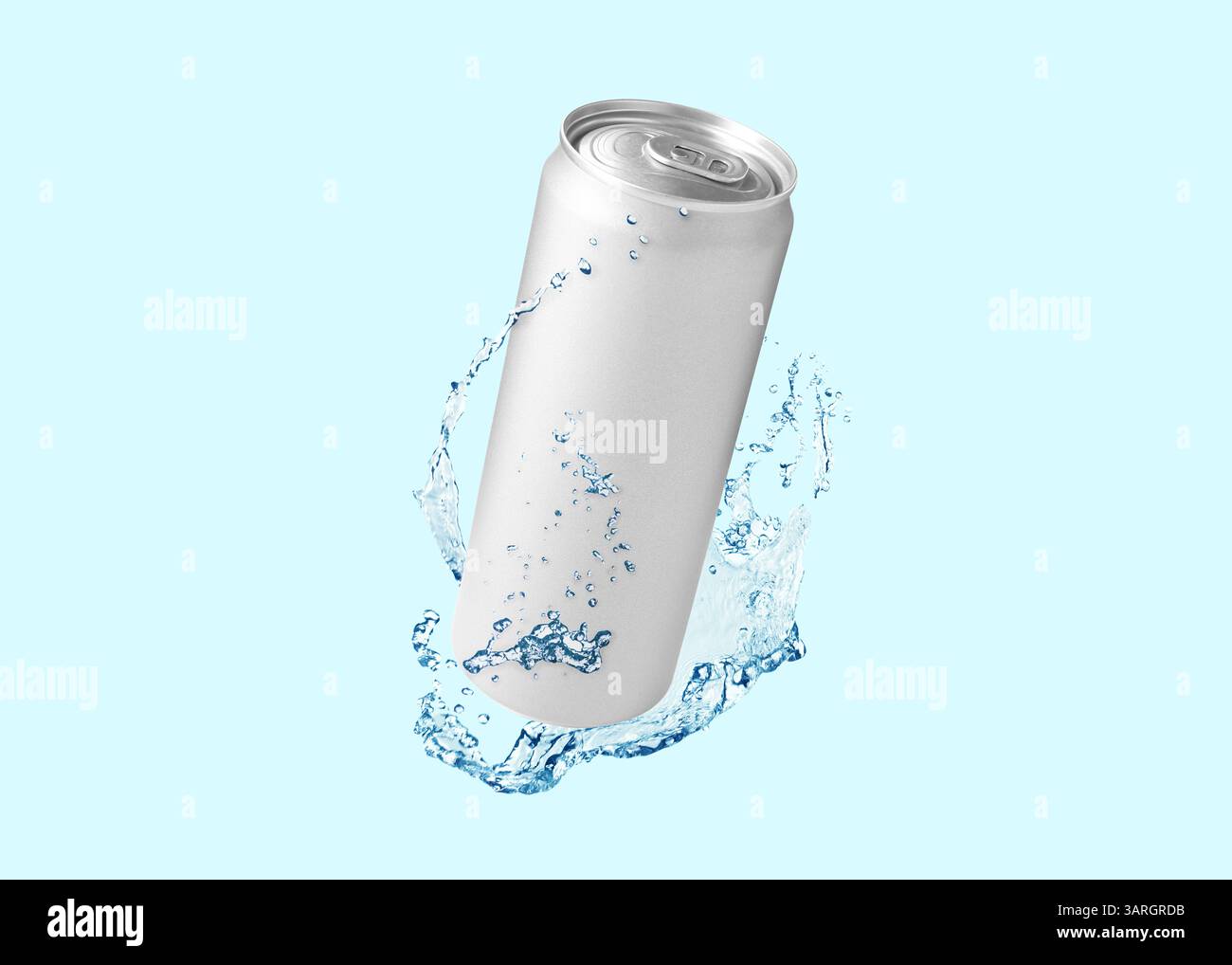 Tin can and splashes of water in air on light turquoise background ...