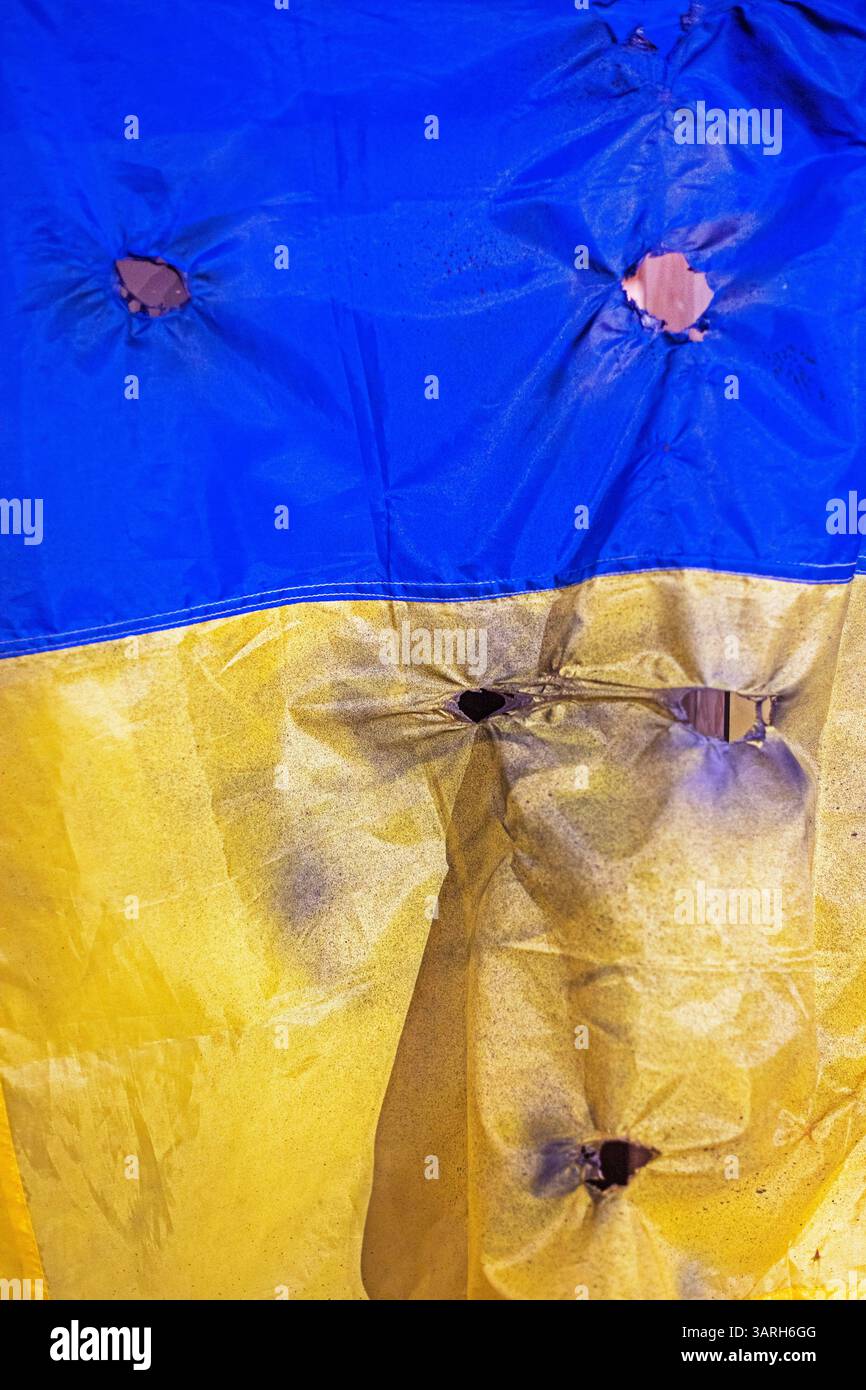 bullet-riddled ukrainian flag. sovereignty of ukraine. struggle Stock ...