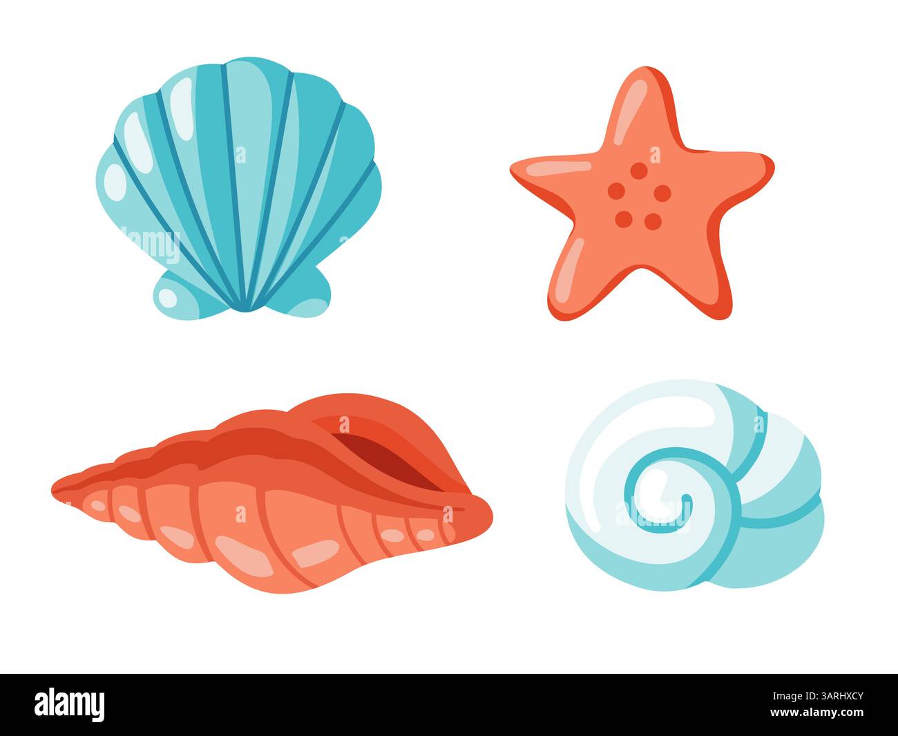 Turquoise, blue and red sea shells and red starfish set. Vector ...