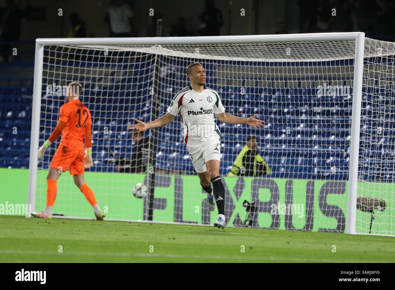 London, UK. 17th Apr, 2025. London, England, April 17th 2025: Steve Kapuadi of Legia Warszawa celebrates after scoring during the UEFA Conference League match between Chelsea and Legia Warszawa at Stamford Bridge in London, England (Alexander Canillas/SPP) Credit: SPP Sport Press Photo. /Alamy Live News Stock Photo