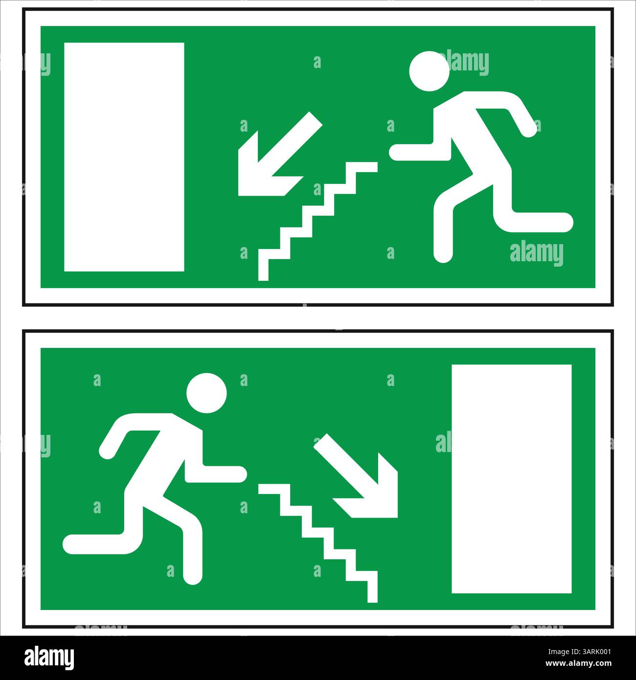 Green emergency exit signs indicating escape routes with stairs and ...