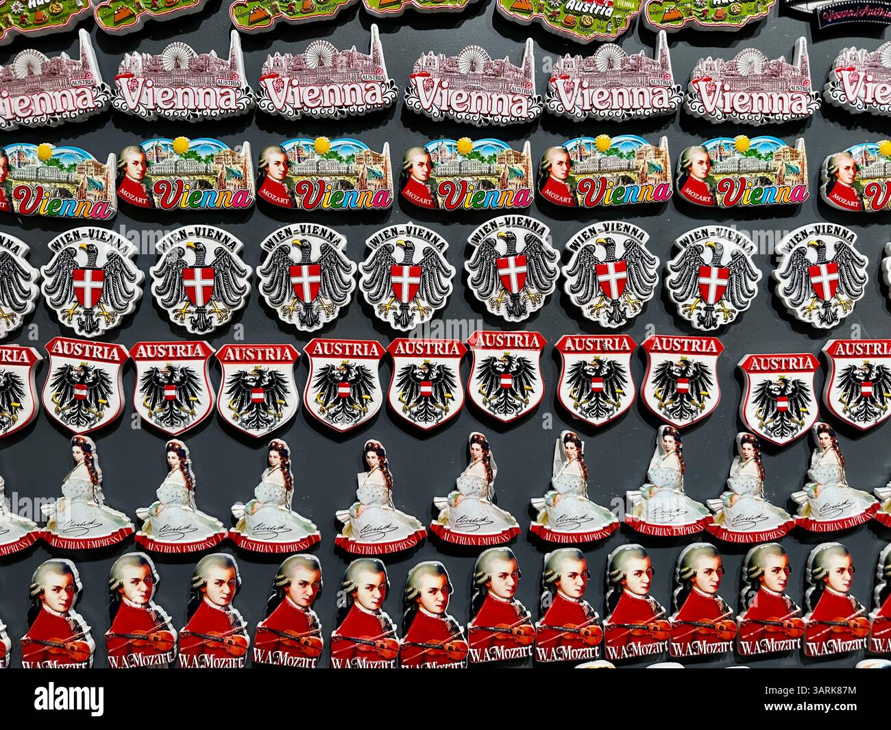 Pins as souvenirs in a tourist shop in Vienna, Austria - Smartphone Captured Stock Image