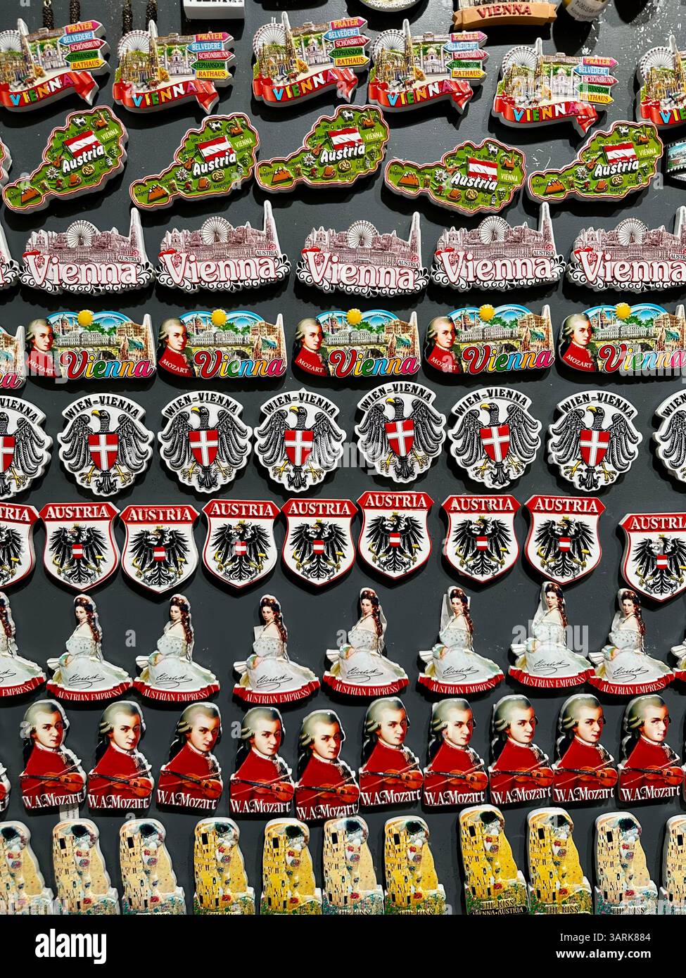 Pins as souvenirs in a tourist shop in Vienna, Austria - Smartphone Captured Stock Image