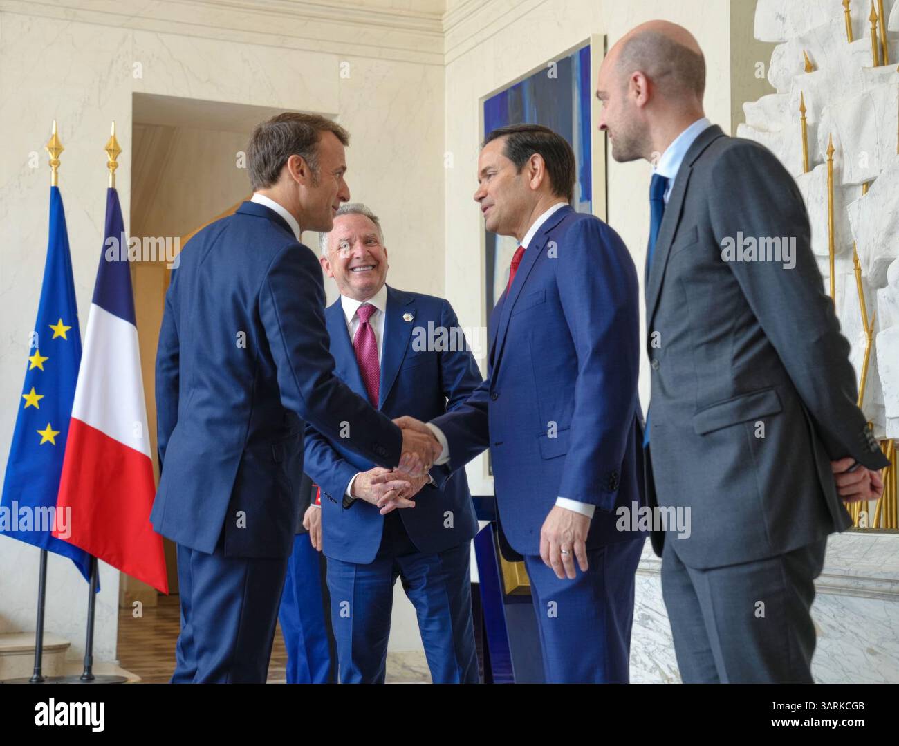 Paris, France. 17th Apr, 2025. French President Emmanuel Macron, left