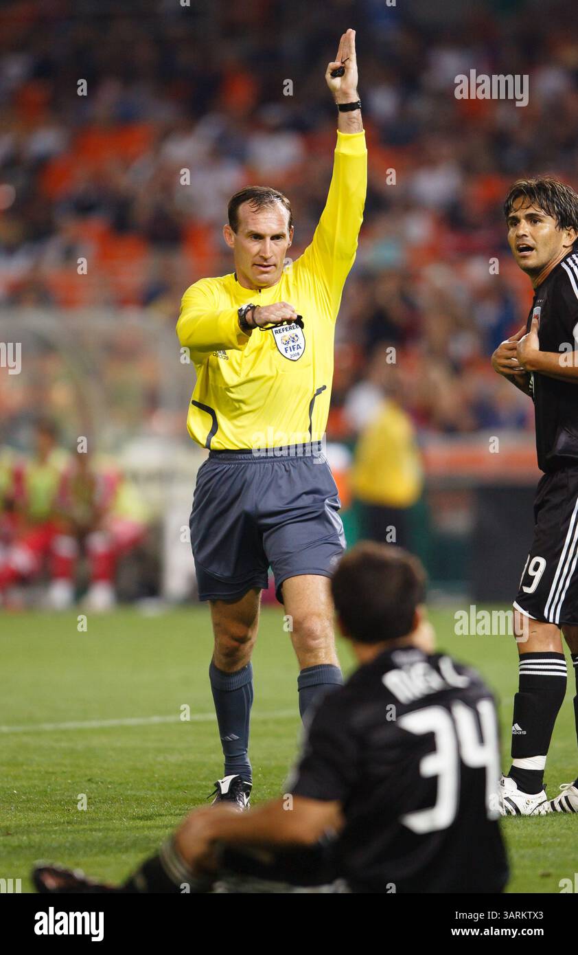 Referee Terry Vaughn gestures for a free kick during a Major League Soccer match between DC United and the Chicago Fire on May 8, 2008 at RFK Stadium in Washington, DC. Editorial use only. Commercial use prohibited. Stock Photo
