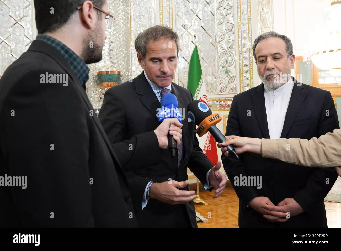 Tehran, Iran. 17th Apr, 2025. International Atomic Energy Agency (IAEA) Director General RAFAEL MARIANO GROSSI (L) speaks to the media during a meeting with Iranian Foreign Minister ABBAS ARAGHCHI (R) in Tehran. Grossi is visiting Tehran to meet with Iranian officials after the recent nuclear talks between Iran and the US. (Credit Image: © Iranian Foreign Ministry via ZUMA Press Wire) EDITORIAL USAGE ONLY! Not for Commercial USAGE! Stock Photo