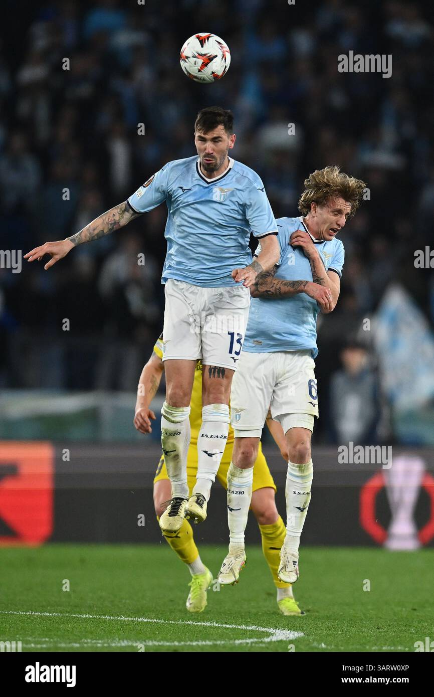 Rome, Italy. 18th Apr, 2025. Alessio Romagnoli of S.S. Lazio and Nicolo ...