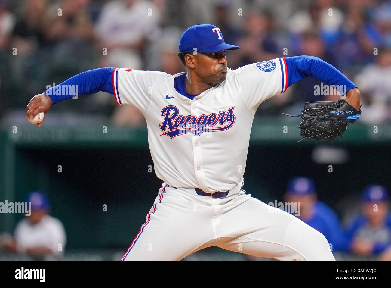 Texas Rangers starting pitcher Kumar Rocker throws a pitch to the Los ...