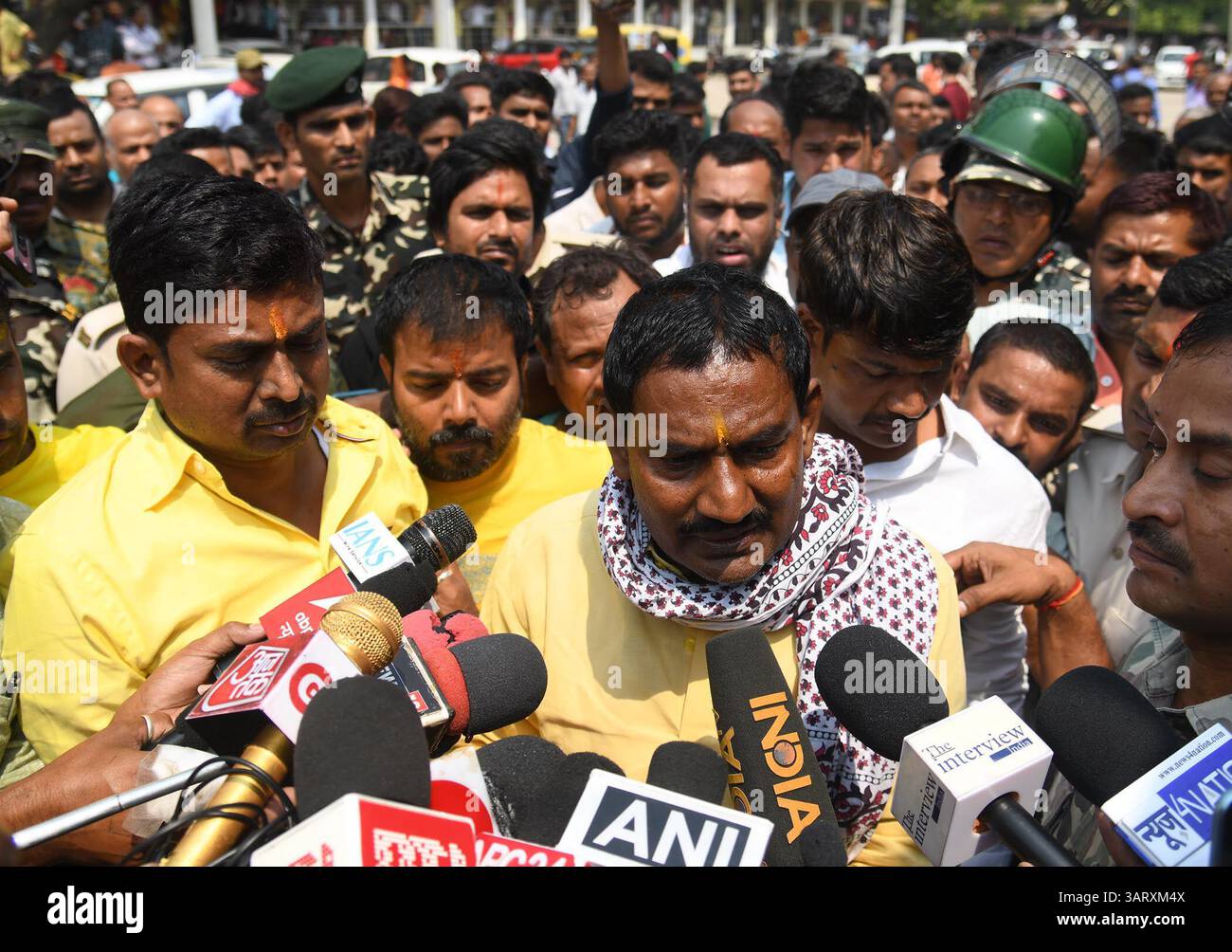 Patna, India. 17th Apr, 2025. PATNA, INDIA - APRIL 17: Rashtriya Janata Dal (RJD) MLA Ritlal Yadav speaking with media persons after surrendered at Danapur Court in connection with an extortion case on April 17, 2025 in Patna, India. (Photo by Santosh Kumar/Hindustan Times/Sipa USA) Credit: Sipa USA/Alamy Live News Stock Photo