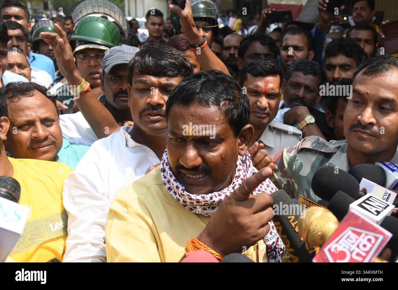 Patna, India. 17th Apr, 2025. PATNA, INDIA - APRIL 17: Rashtriya Janata Dal (RJD) MLA Ritlal Yadav speaking with media persons after surrendered at Danapur Court in connection with an extortion case on April 17, 2025 in Patna, India. (Photo by Santosh Kumar/Hindustan Times/Sipa USA) Credit: Sipa USA/Alamy Live News Stock Photo