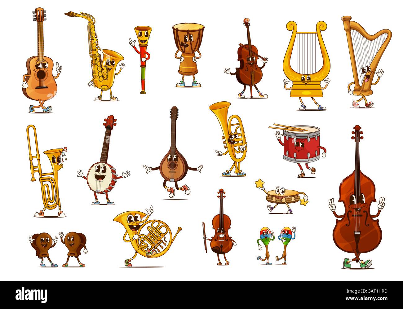 Instruments Characters Groovy musical instruments characters. Cartoon vector trumpet, lyre ...