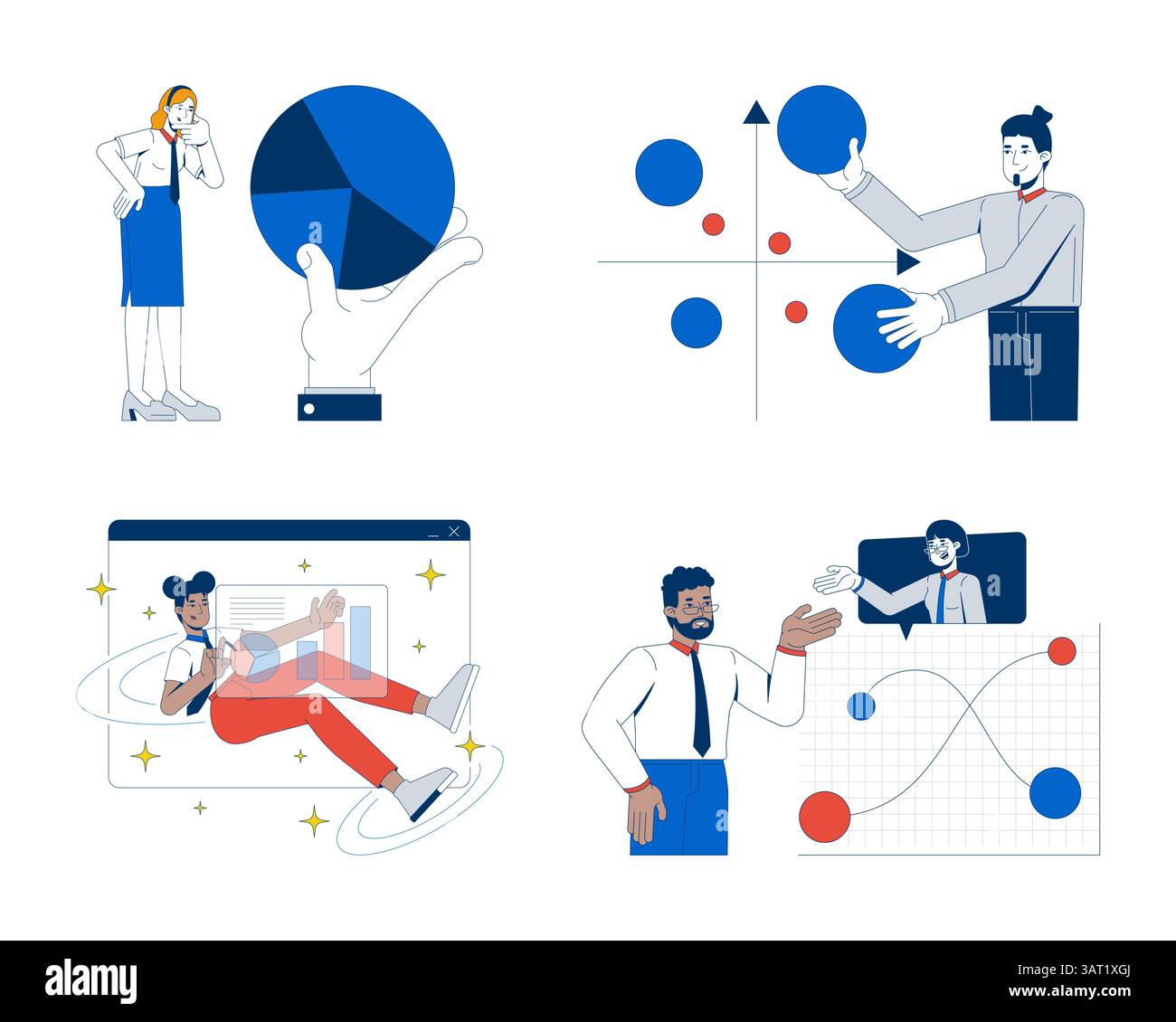 Diverse people with data visualization 2D illustration concepts set ...