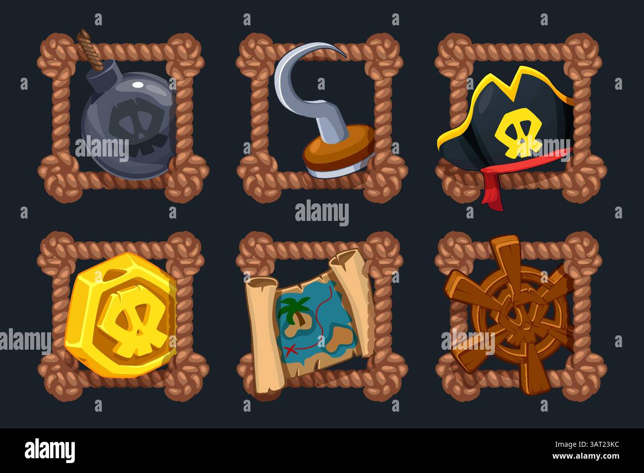 Pirate icons-Hat, coin, treasure map, pirate hook, wooden Helm and Bomb ...