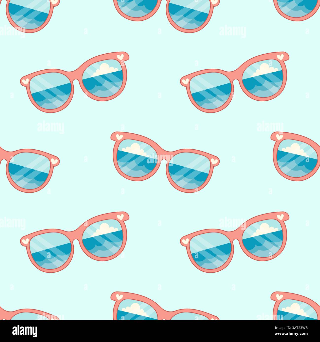 Summer pattern with pink sunglasses showing sea and sky in reflection. Perfect for vacation themes and beach designs. Stock Vector