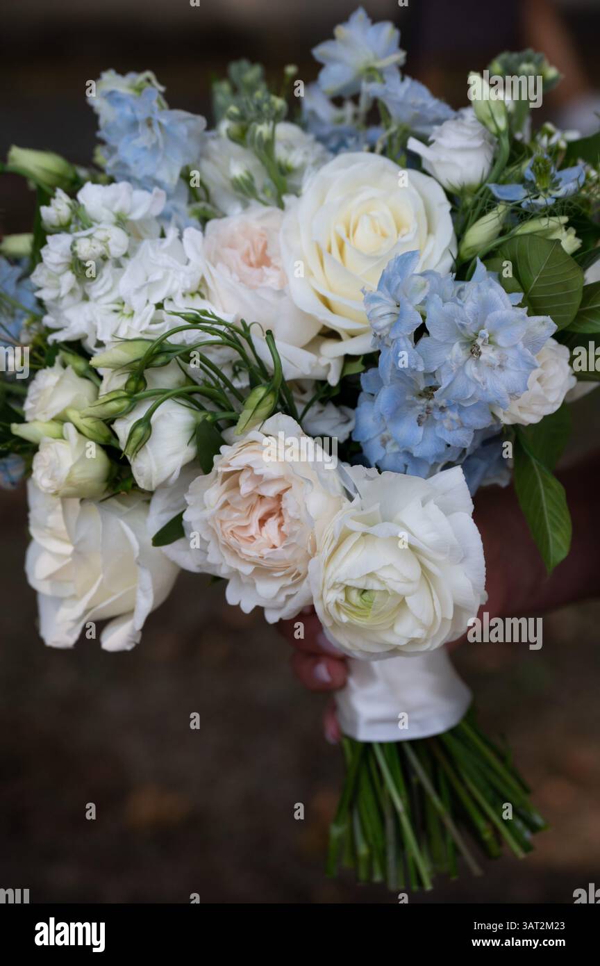 Elegant Bridal Bouquet with White and Blue Flowers in Natural Li Stock ...