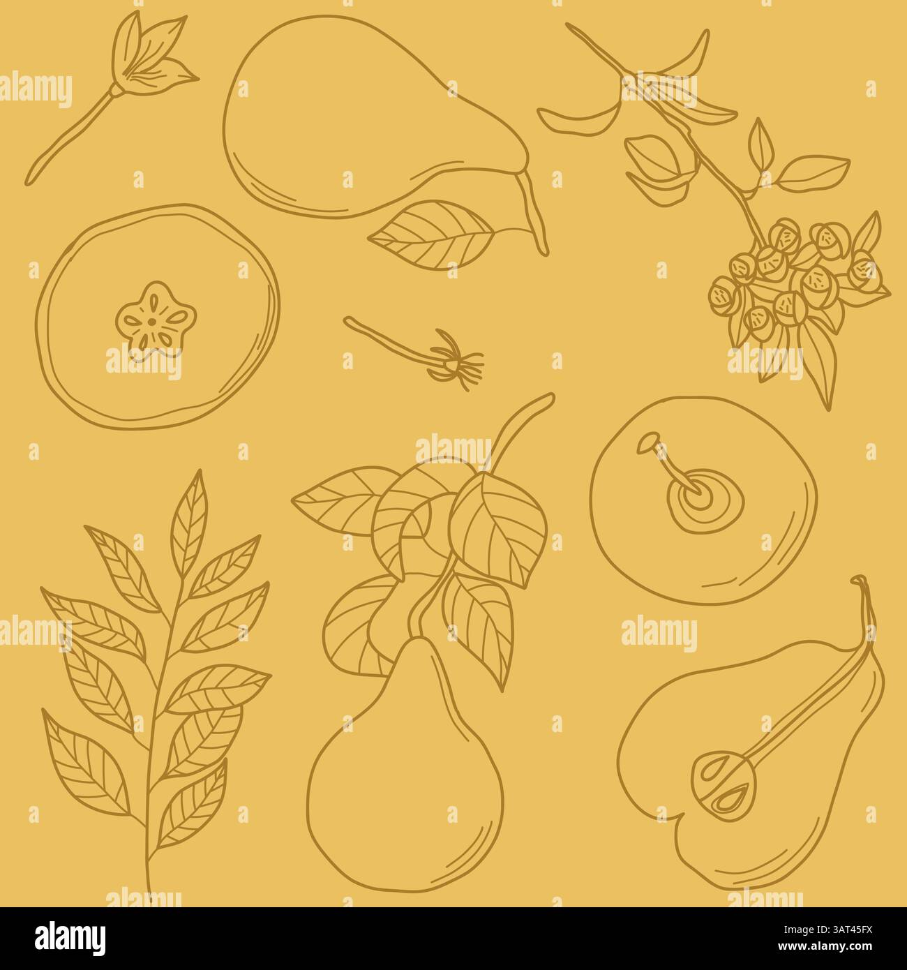 Hand-Drawn Pears and Leaves Pattern on Yellow Background Stock Vector