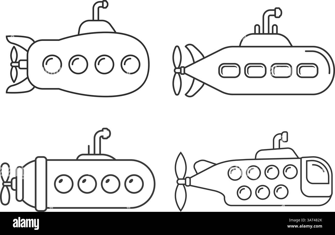 Submarine icon set collection in cartoon flat style. Bathyscaphe vector ...