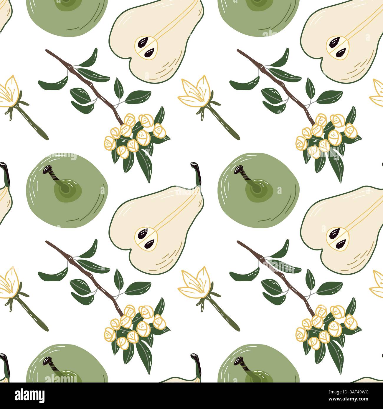 Seamless Pattern Featuring Pears, Blossoms, and Green Branchy Stems Stock Vector
