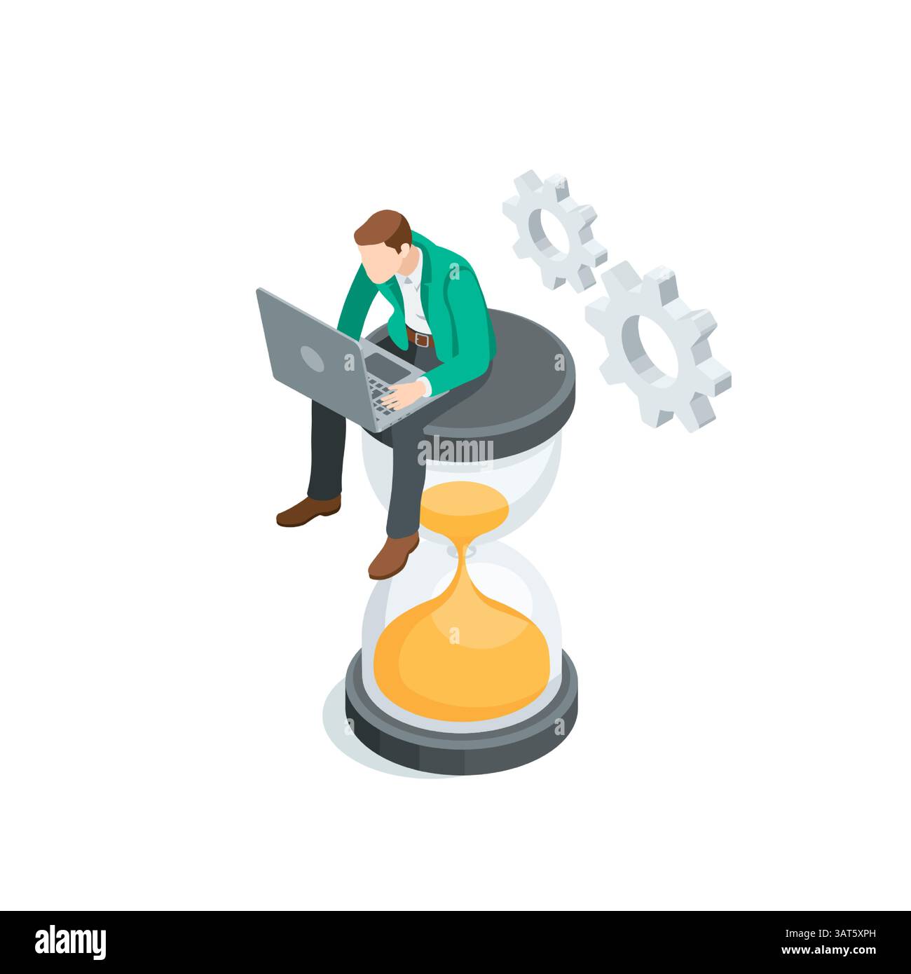 isometric vector man in business suit with laptop sits on hourglass, in color on white background, deadline or working hours Stock Vector