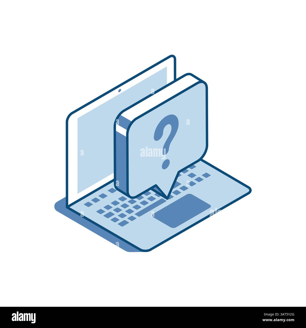 isometric vector laptop and question bubble linear icon, in color on white background, technical failure or problem Stock Vector