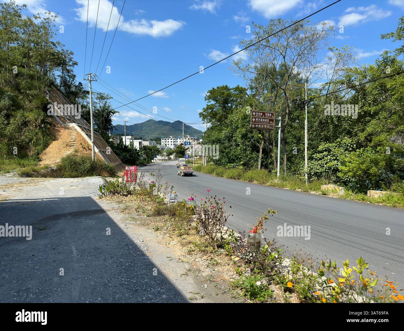 A picturesque view of a road through a vibrant natural landscape on a sunny day. - Smartphone Captured Stock Image