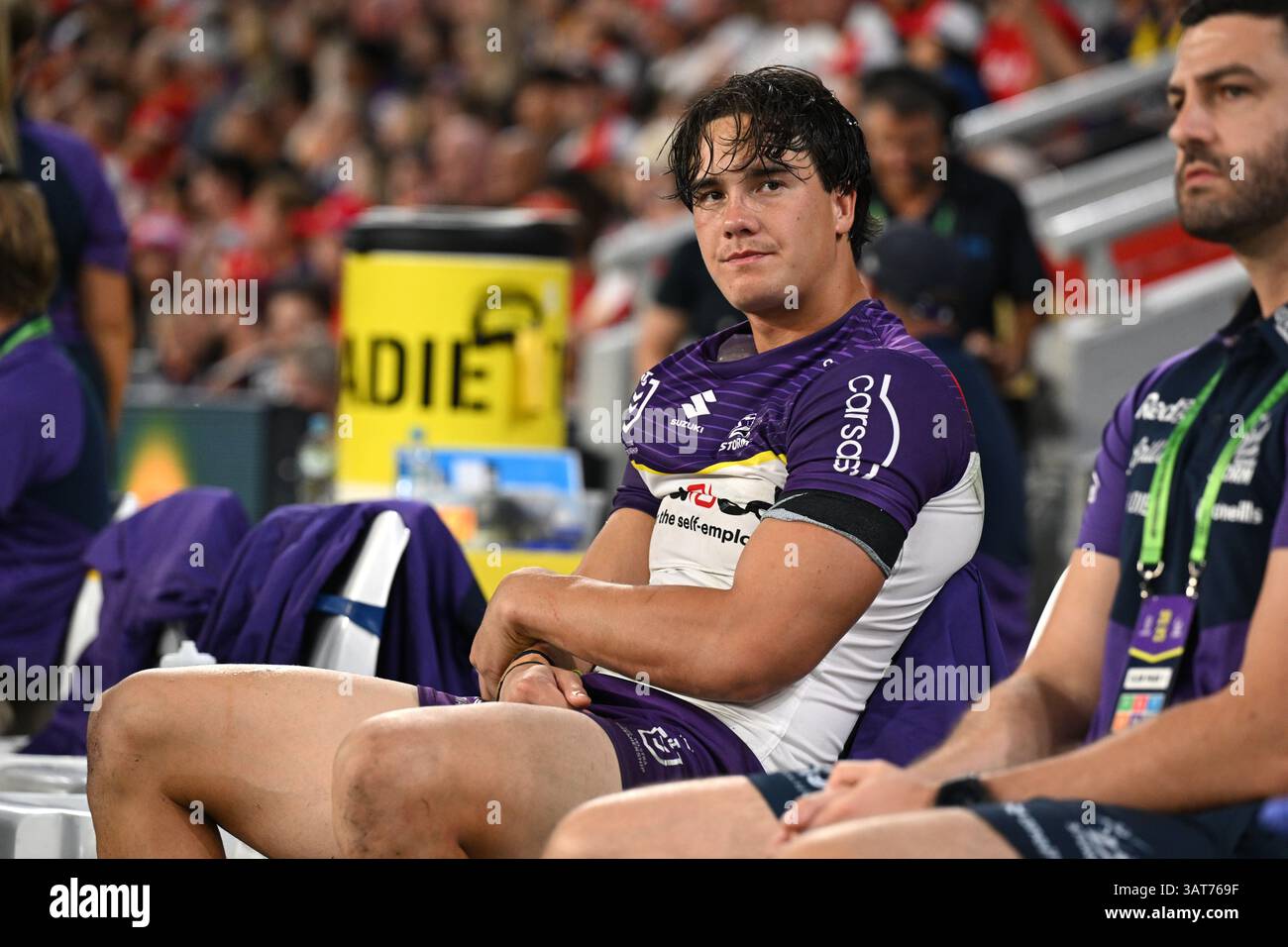 Jack Howarth Rugby Jack Howarth of the Storm is seen on the bench after sustaining an ...
