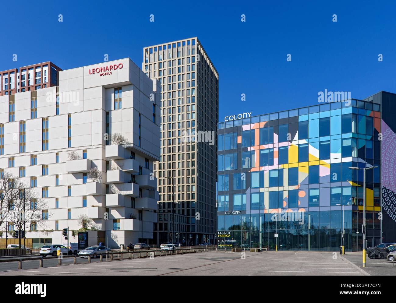 The Leonardo Hotel, Victoria House apartment block, and the Fabrica building, Great Ancoats Street, Manchester, England, UK Stock Photo