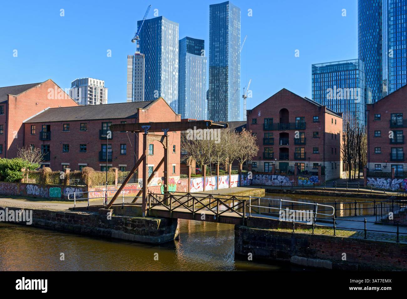 The Deansgate Square and the Crown Street developments over the Bridgewater Canal, Castlefield Basin, Manchester, England, UK Stock Photo