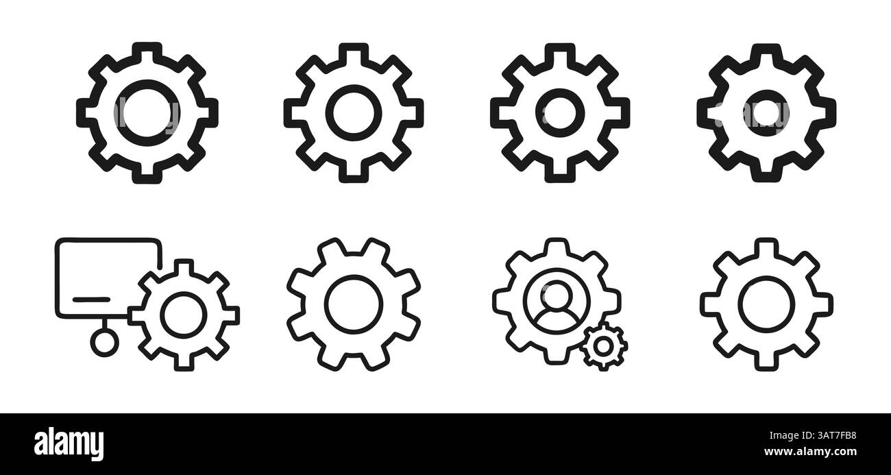 Settings gear icons pack. Vector outline and solid user profiles, icons for web and app Stock Vector